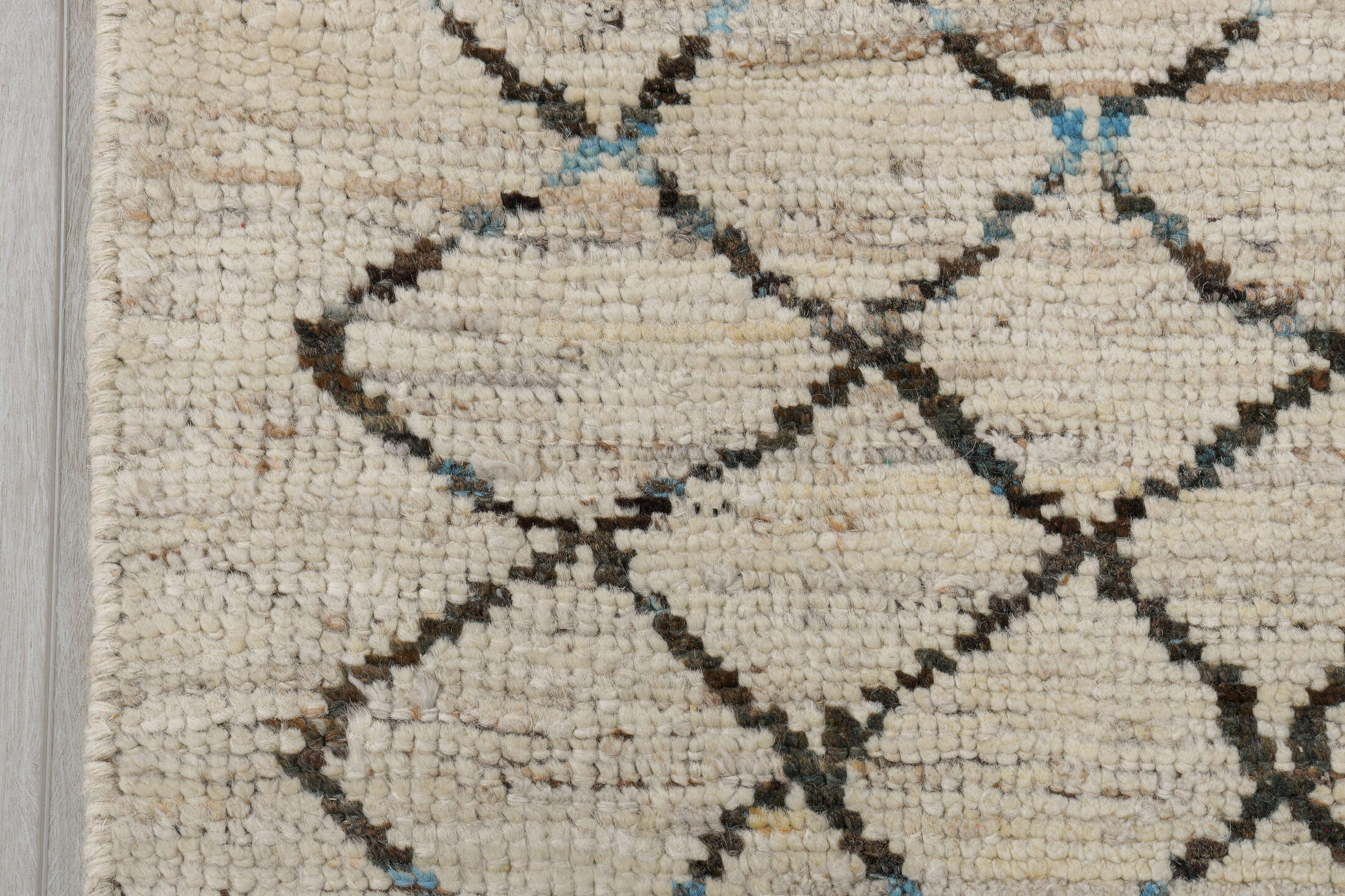 3' x 11' one-of-a-kind handmade vintage Tulu runner rug. Color palette: ivory, charcoal, pale blue, taupe, cream, black