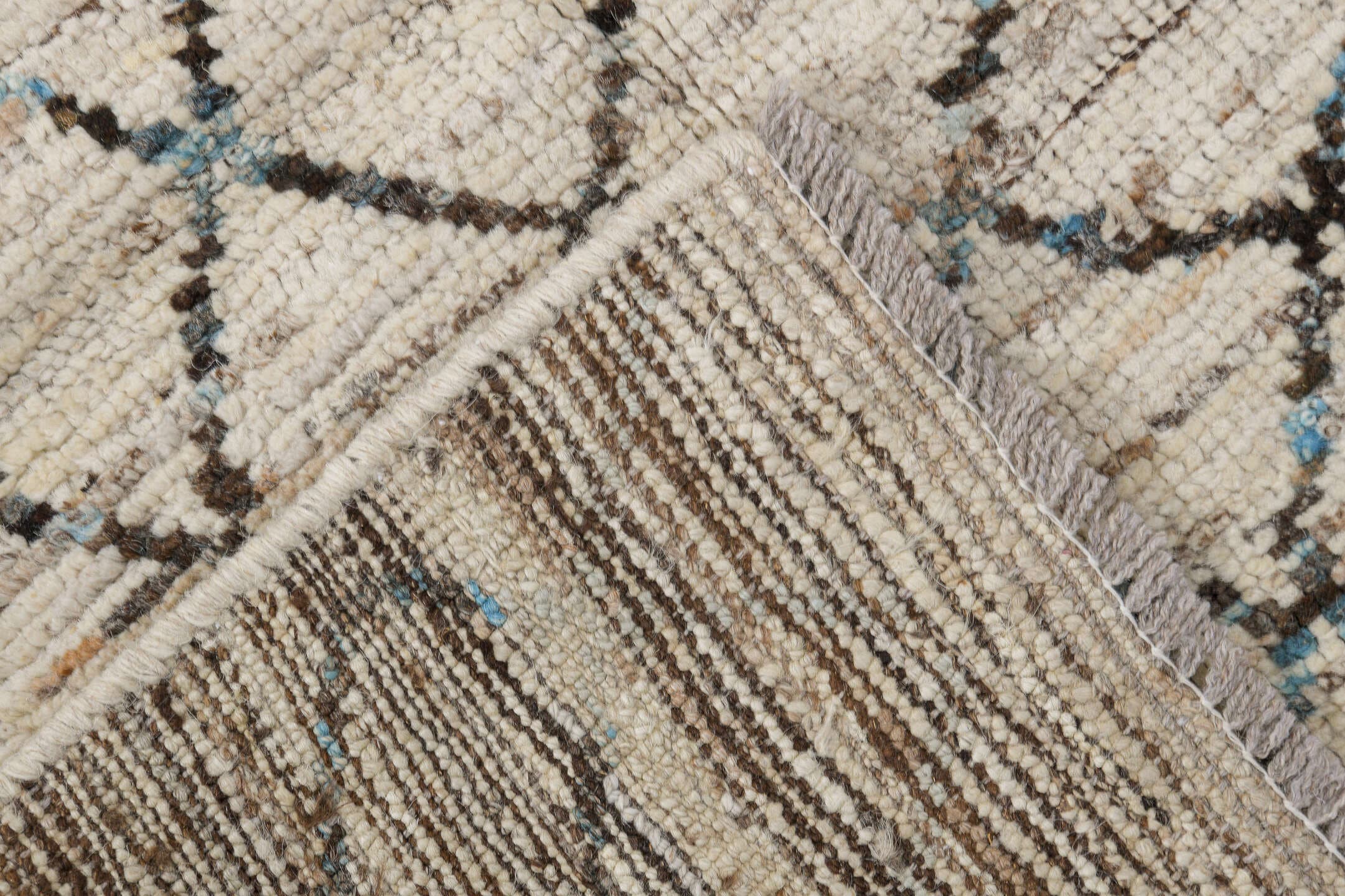3' x 11' one-of-a-kind handmade vintage Tulu runner rug. Color palette: ivory, charcoal, pale blue, taupe, cream, black