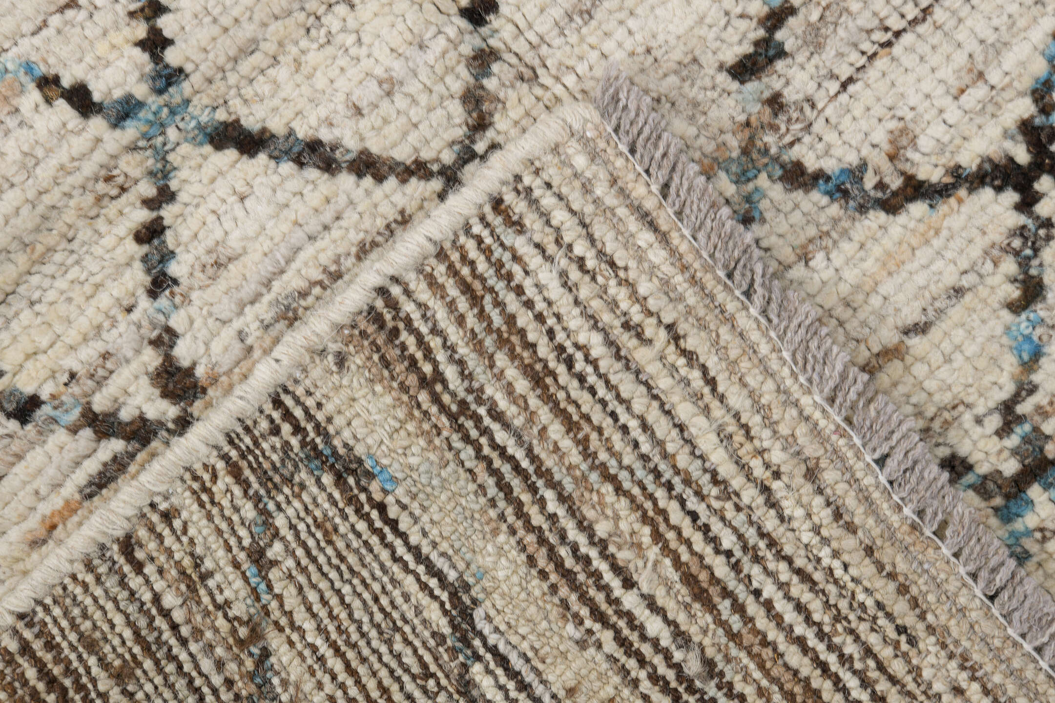 3' x 11' one-of-a-kind handmade vintage Tulu runner rug. Color palette: ivory, charcoal, pale blue, taupe, cream, black