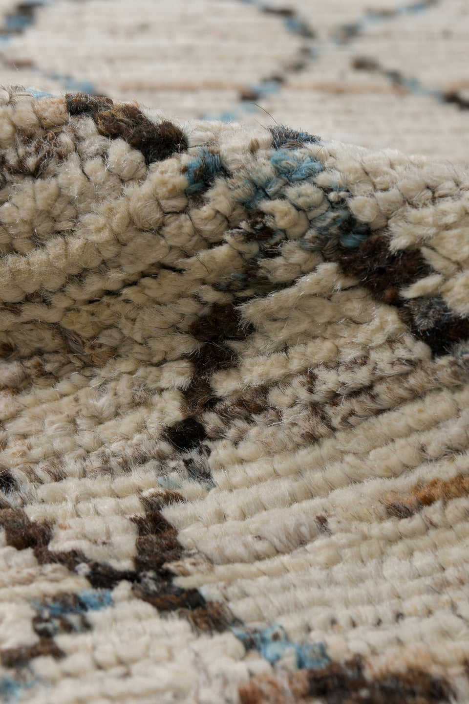 3' x 11' one-of-a-kind handmade vintage Tulu runner rug. Color palette: ivory, charcoal, pale blue, taupe, cream, black