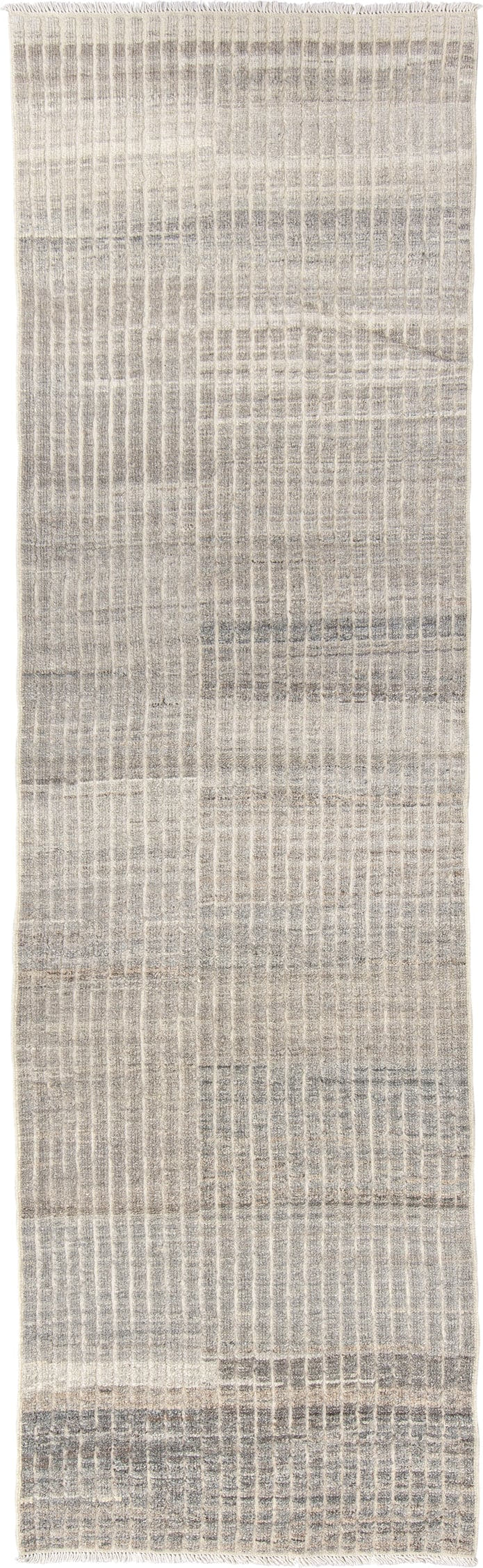 2' x 9' one-of-a-kind handmade vintage Tulu runner rug. Color palette: ivory, gray, taupe, cream, charcoal, beige, black