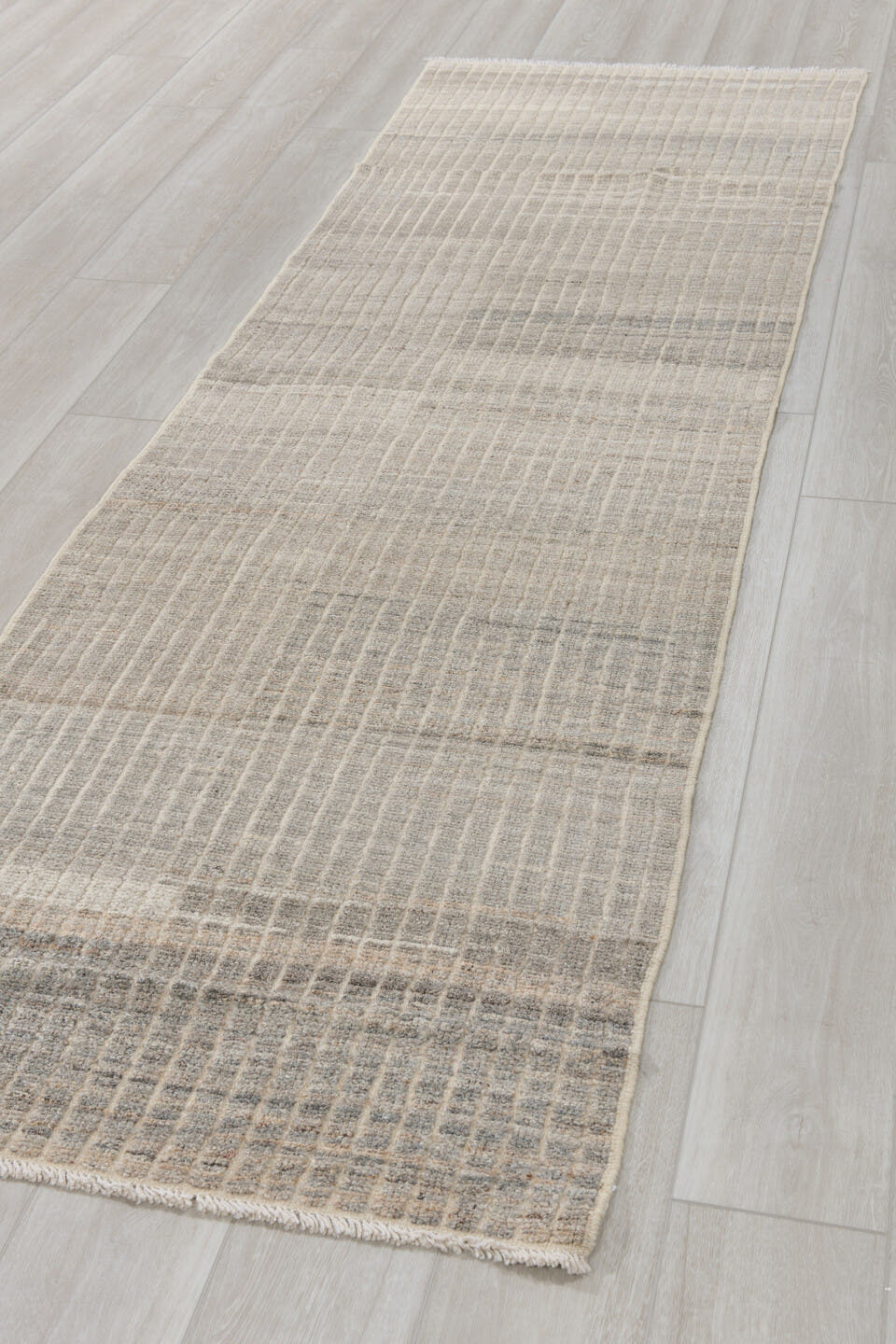 2' x 9' one-of-a-kind handmade vintage Tulu runner rug. Color palette: ivory, gray, taupe, cream, charcoal, beige, black