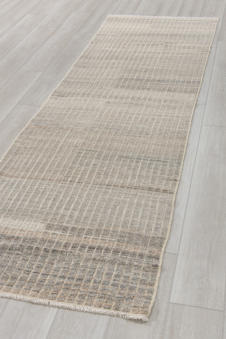 2' x 9' one-of-a-kind handmade vintage Tulu runner rug. Color palette: ivory, gray, taupe, cream, charcoal, beige, black