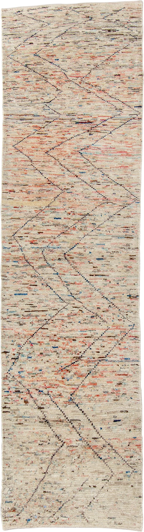 2' x 9' one-of-a-kind handmade vintage Tulu runner rug. Color palette: ivory, cream, coral, brown, sky_blue, taupe