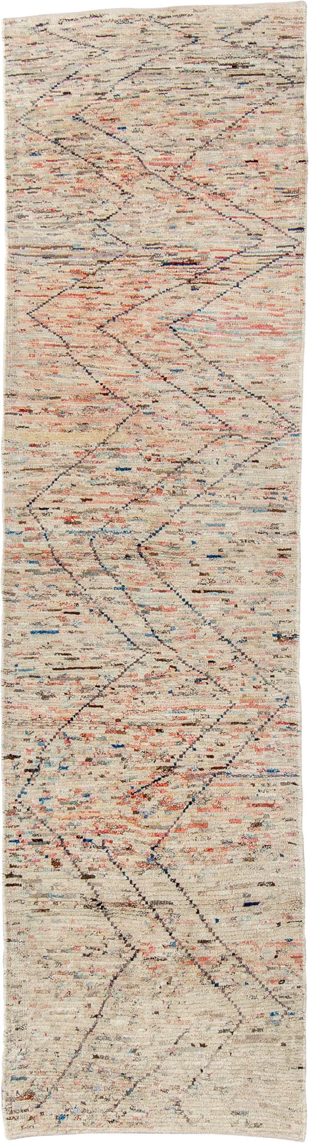 2' x 9' one-of-a-kind handmade vintage Tulu runner rug. Color palette: ivory, cream, coral, brown, sky_blue, taupe