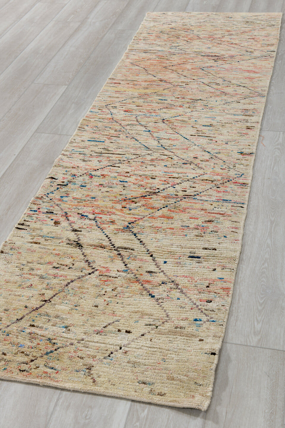 2' x 9' one-of-a-kind handmade vintage Tulu runner rug. Color palette: ivory, cream, coral, brown, sky_blue, taupe