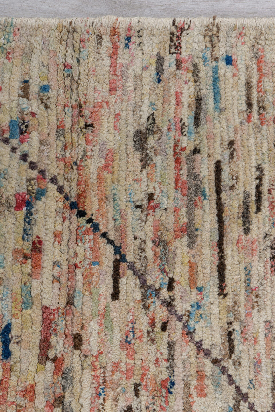 2' x 9' one-of-a-kind handmade vintage Tulu runner rug. Color palette: ivory, cream, coral, brown, sky_blue, taupe