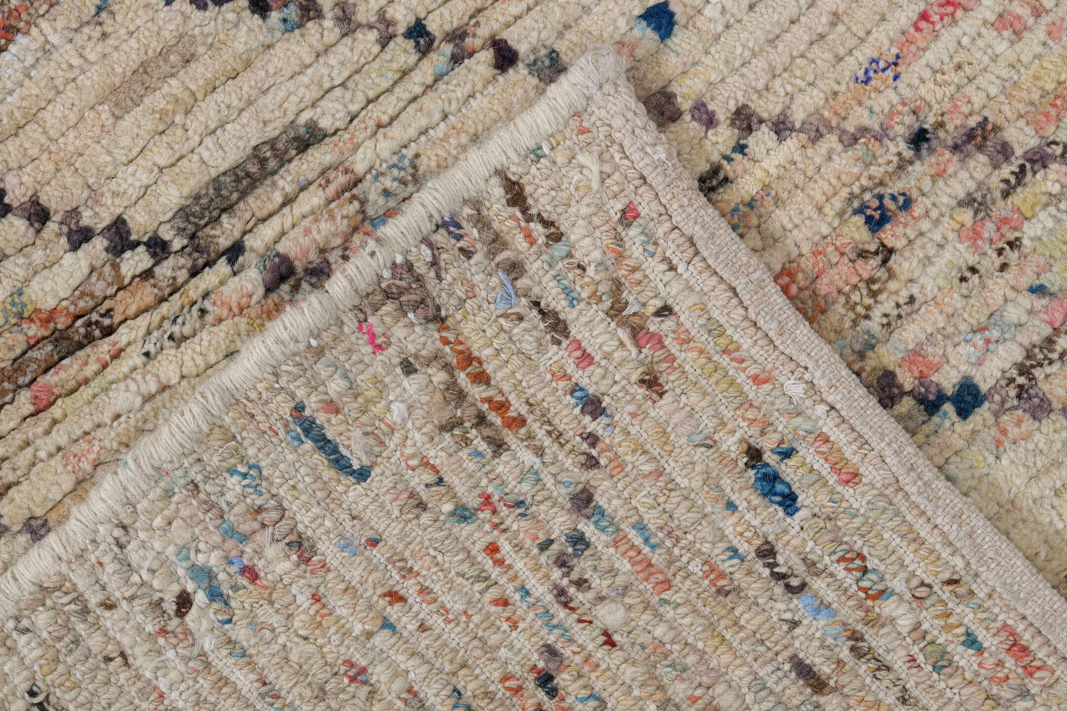 2' x 9' one-of-a-kind handmade vintage Tulu runner rug. Color palette: ivory, cream, coral, brown, sky_blue, taupe