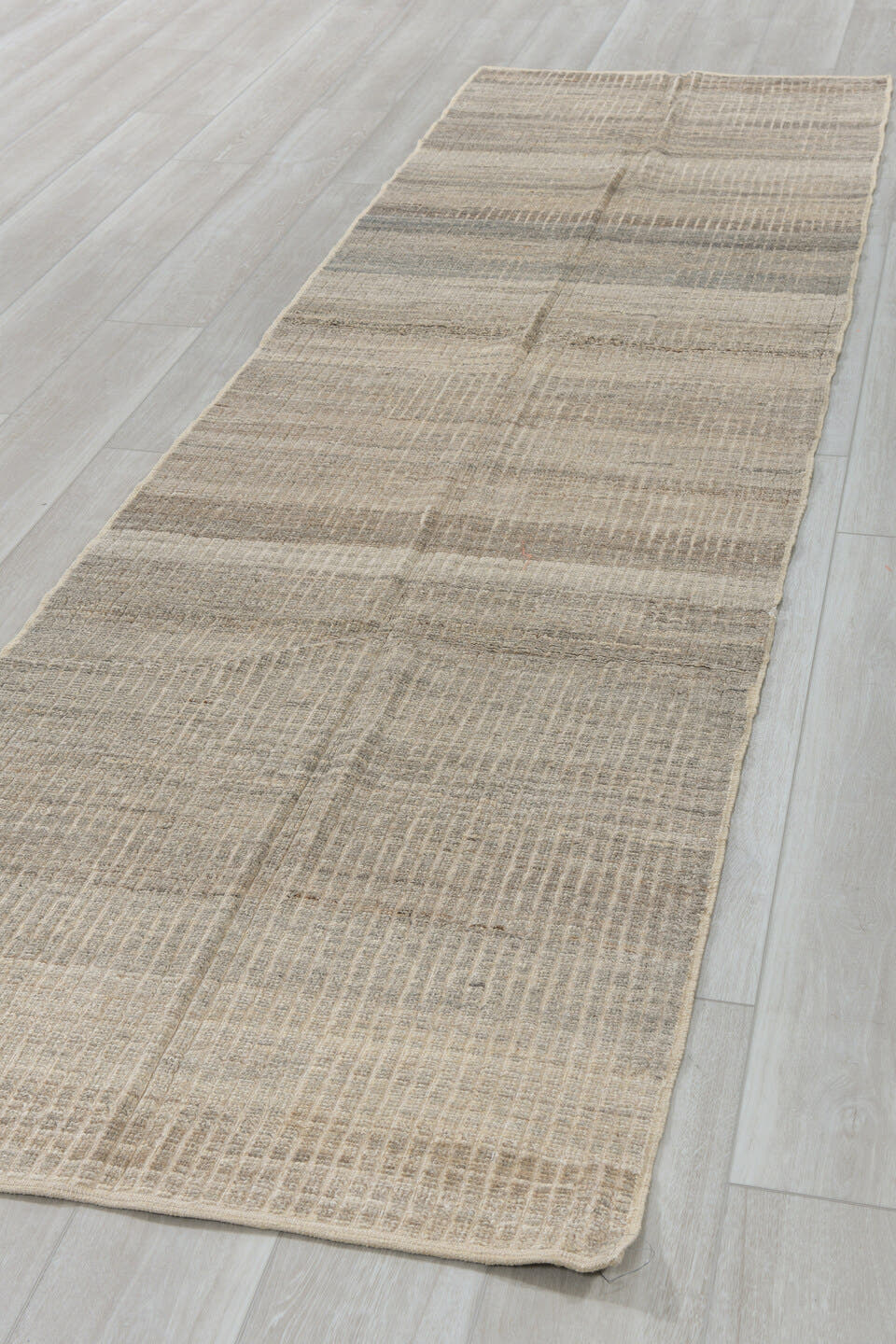 3' x 11' one-of-a-kind handmade vintage Tulu runner rug. Color palette: ivory, taupe, gray, greige, stone, beige