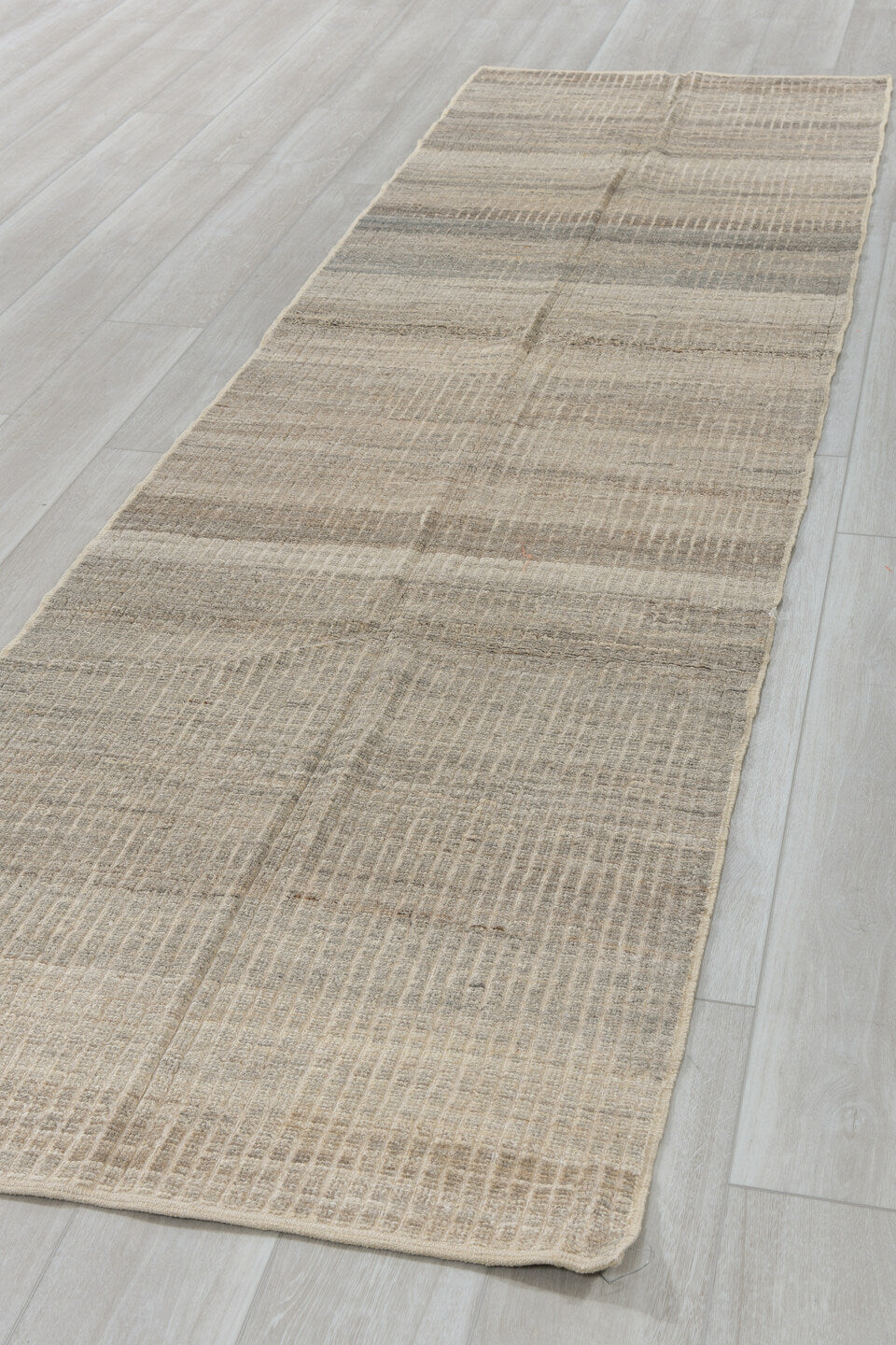 3' x 11' one-of-a-kind handmade vintage Tulu runner rug. Color palette: ivory, taupe, gray, greige, stone, beige