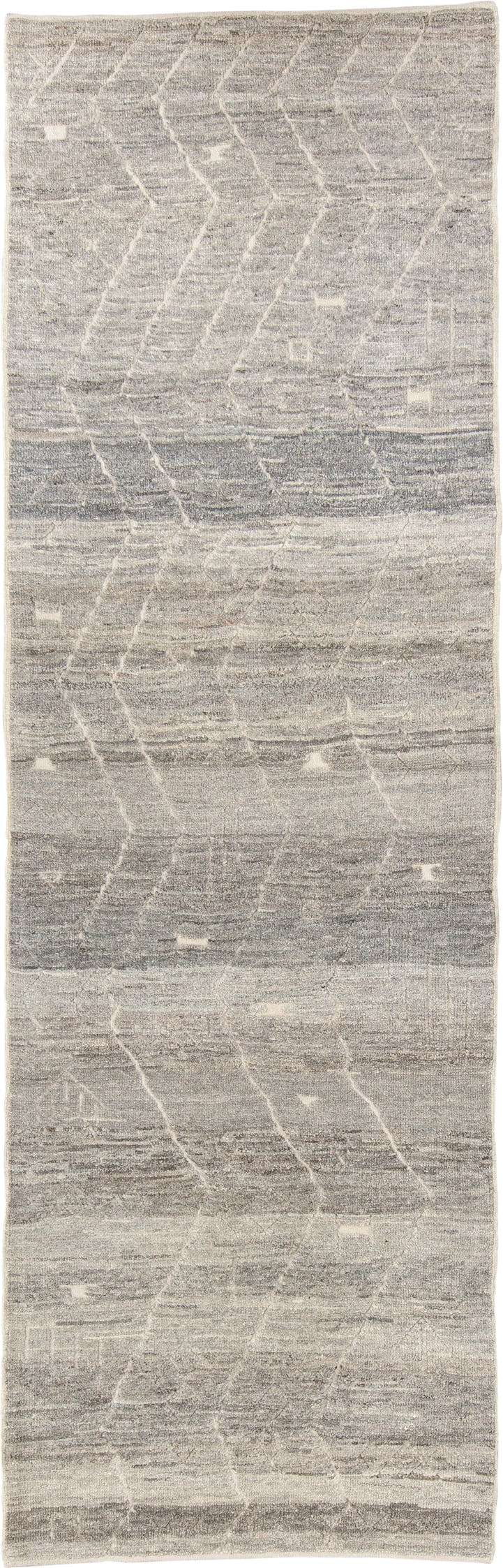 3' x 9' one-of-a-kind handmade vintage Tulu runner rug. Color palette: gray, ivory, taupe, cream, charcoal, beige, black