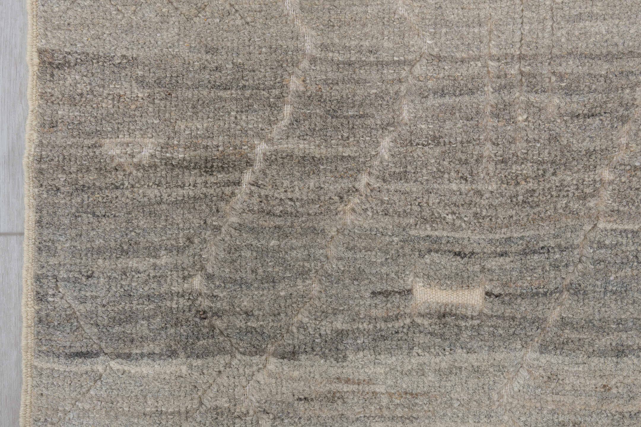 3' x 9' one-of-a-kind handmade vintage Tulu runner rug. Color palette: gray, ivory, taupe, cream, charcoal, beige, black