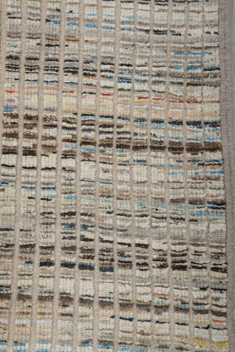 3' x 11' one-of-a-kind handmade vintage Tulu runner rug. Color palette: ivory, taupe, charcoal, slate, blue, rust, beige