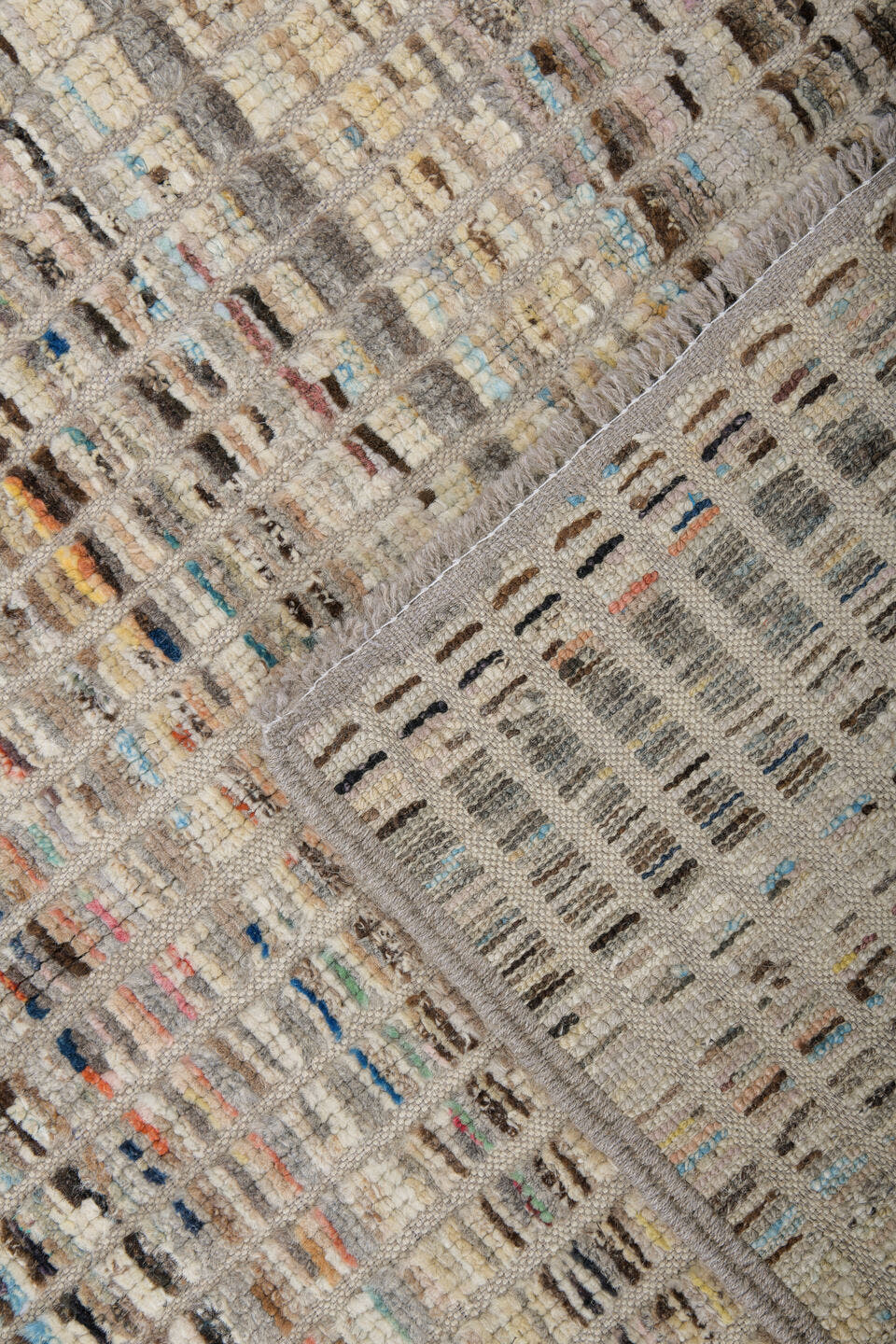 3' x 11' one-of-a-kind handmade vintage Tulu runner rug. Color palette: ivory, taupe, charcoal, slate, blue, rust, beige