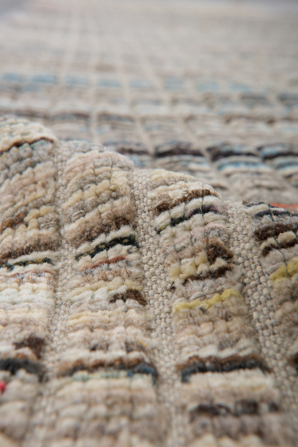 3' x 11' one-of-a-kind handmade vintage Tulu runner rug. Color palette: ivory, taupe, charcoal, slate, blue, rust, beige