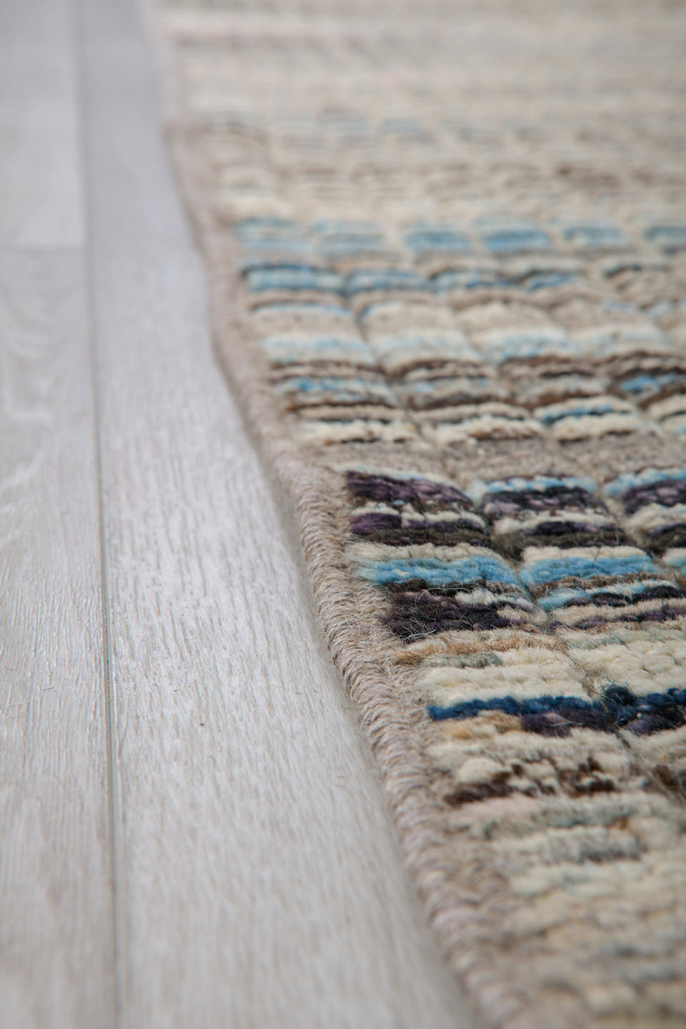 3' x 11' one-of-a-kind handmade vintage Tulu runner rug. Color palette: ivory, taupe, charcoal, slate, blue, rust, beige