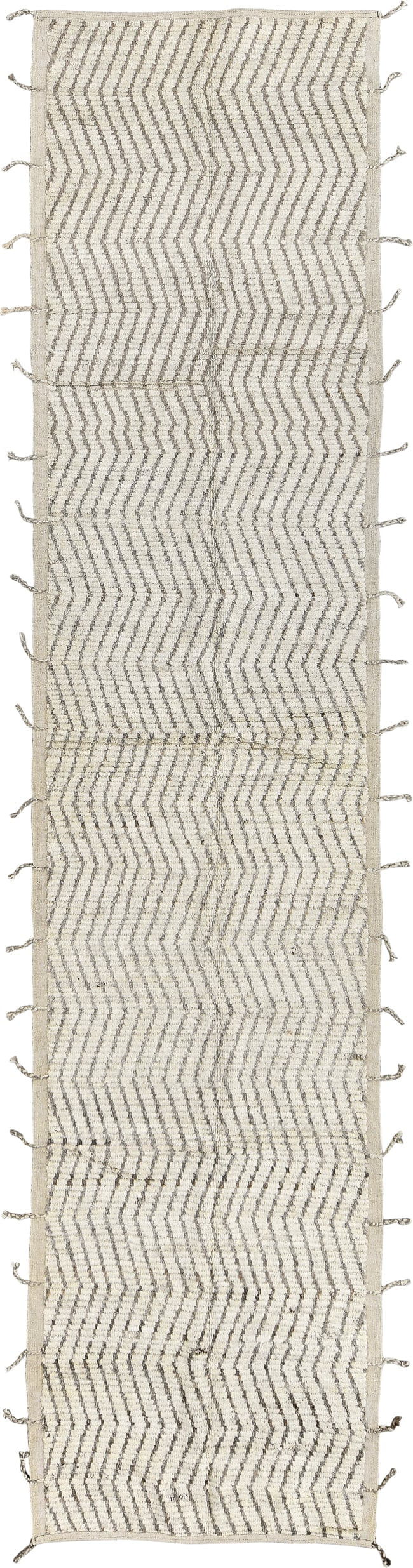 2' x 12' one-of-a-kind handmade vintage Tulu runner rug. Color palette: ivory, gray, taupe, beige