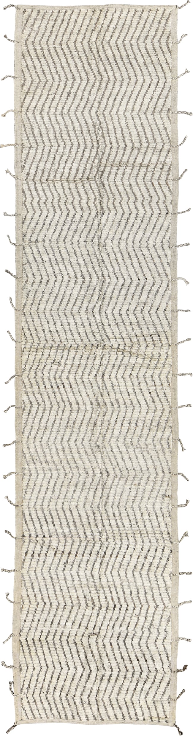 2' x 12' one-of-a-kind handmade vintage Tulu runner rug. Color palette: ivory, gray, taupe, beige