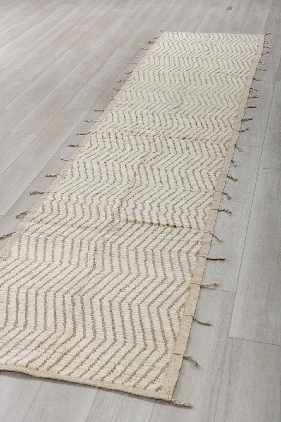 2' x 12' one-of-a-kind handmade vintage Tulu runner rug. Color palette: ivory, gray, taupe, beige