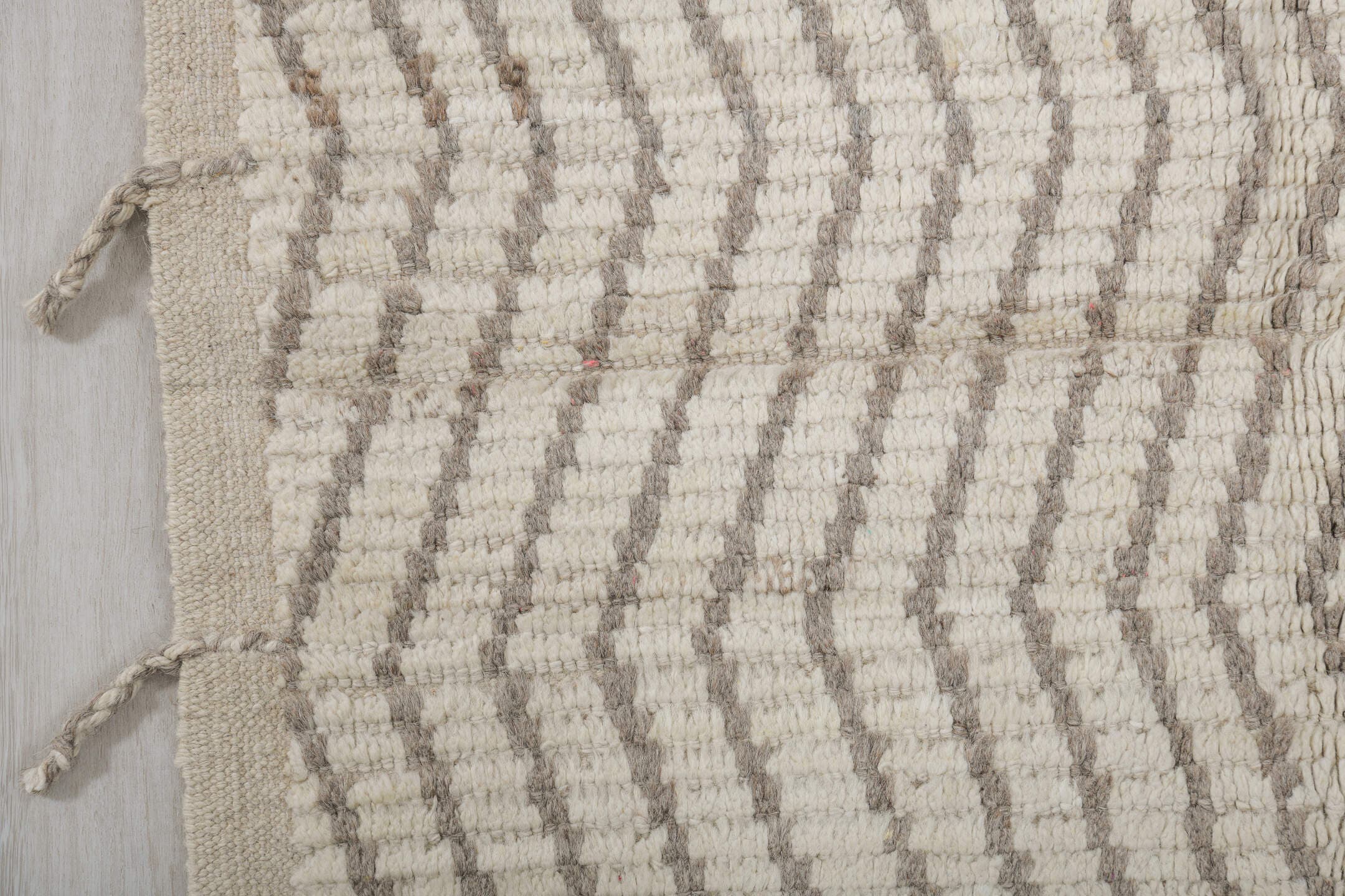 2' x 12' one-of-a-kind handmade vintage Tulu runner rug. Color palette: ivory, gray, taupe, beige
