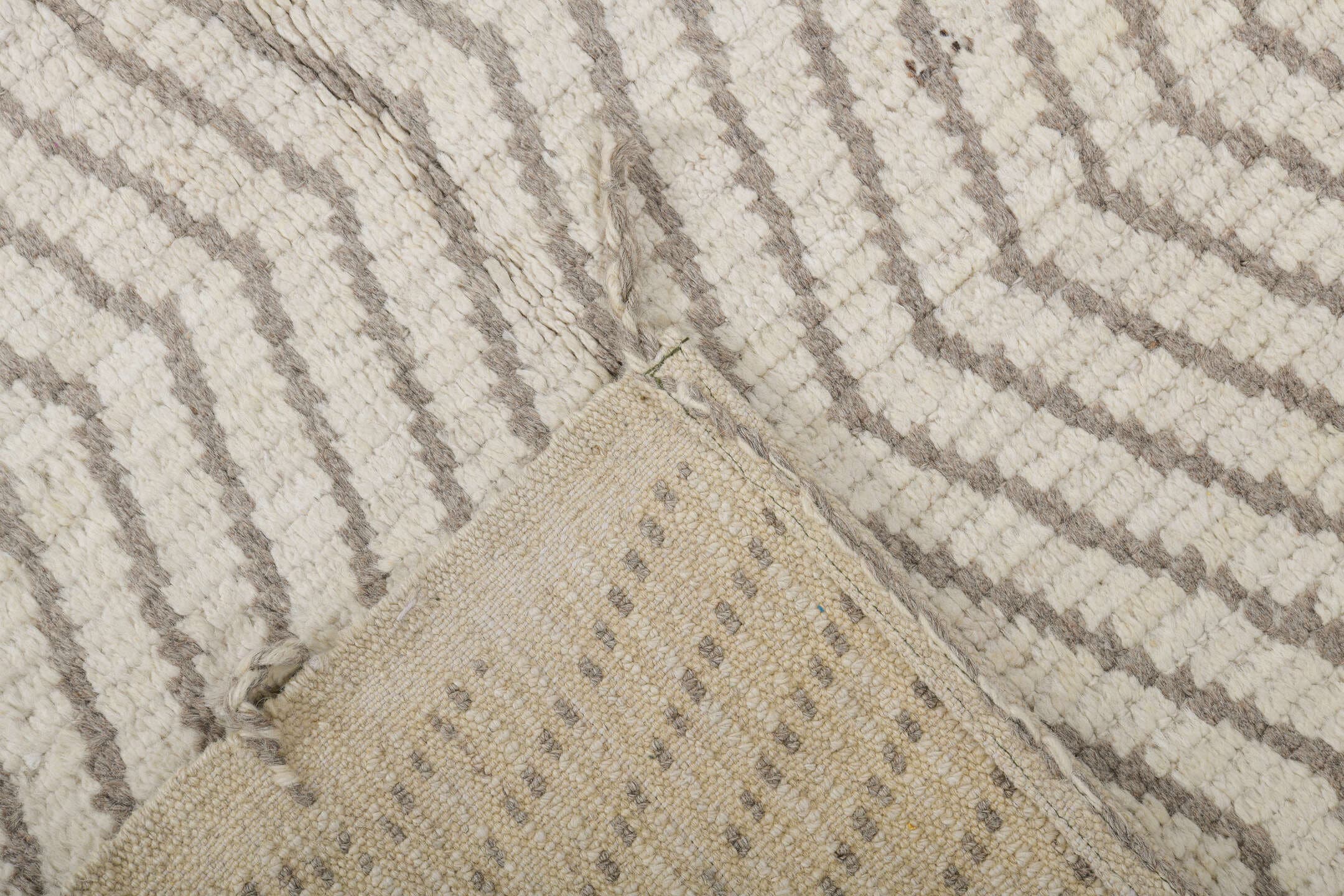2' x 12' one-of-a-kind handmade vintage Tulu runner rug. Color palette: ivory, gray, taupe, beige