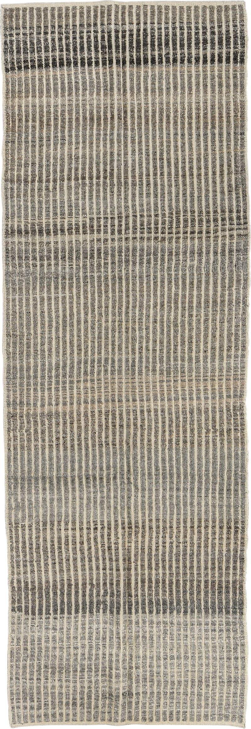 3' x 9' one-of-a-kind handmade vintage Tulu runner rug. Color palette: ivory, charcoal, taupe, gray, black, beige