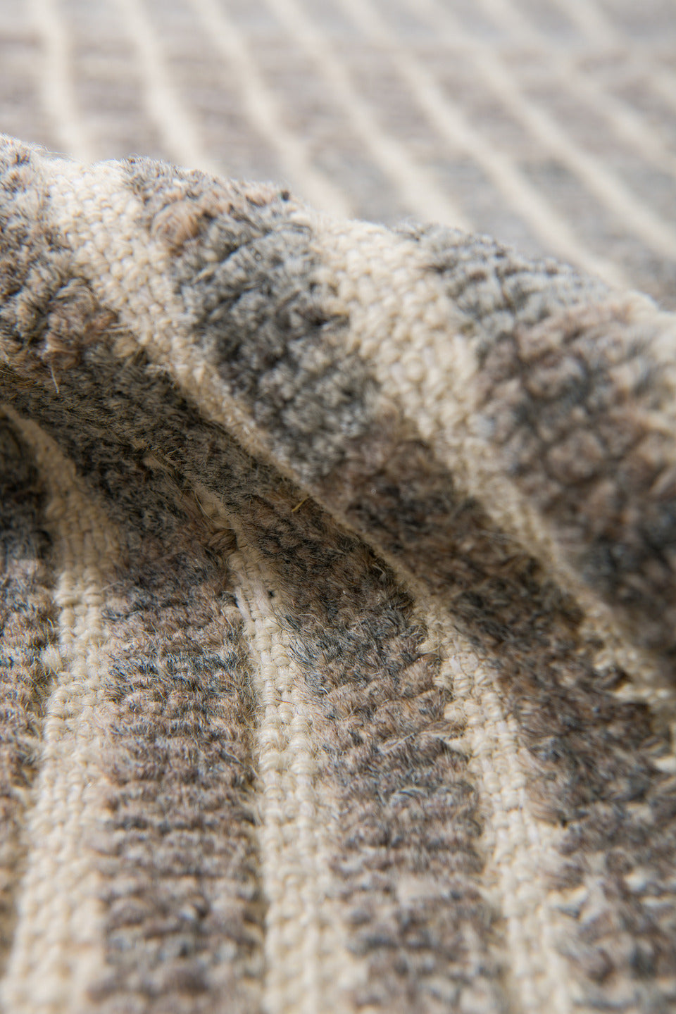 3' x 9' one-of-a-kind handmade vintage Tulu runner rug. Color palette: ivory, charcoal, taupe, gray, black, beige