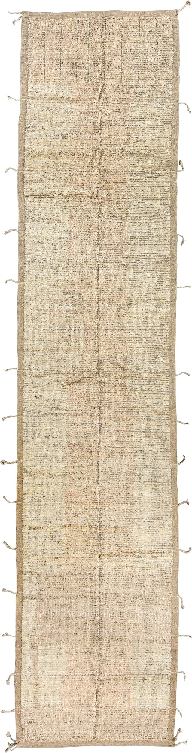 2' x 13' one-of-a-kind handmade vintage Tulu runner rug. Color palette: ivory, beige, taupe, sand, pale peach, camel