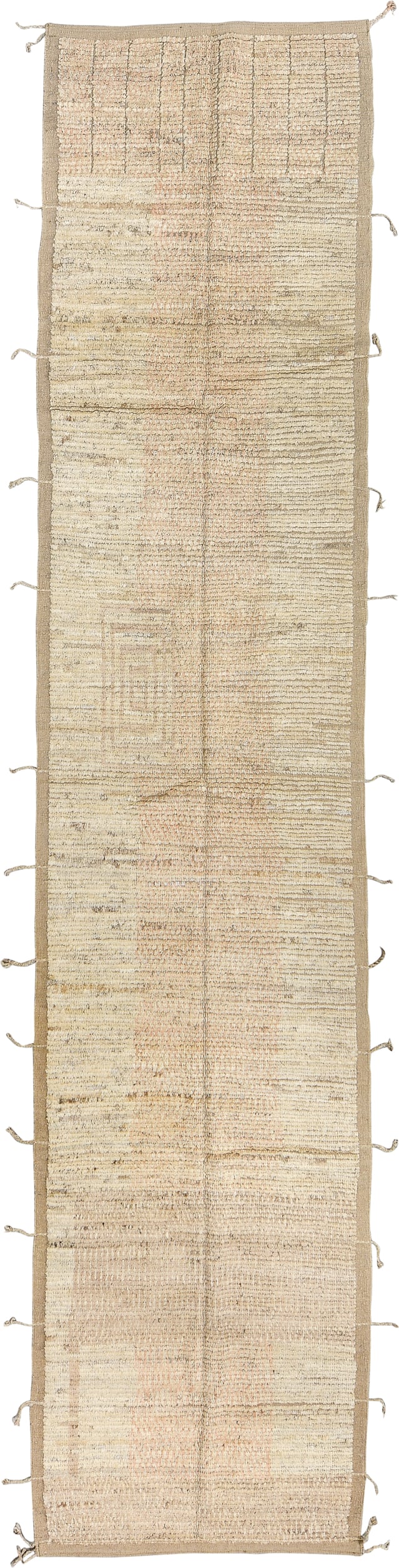 2' x 13' one-of-a-kind handmade vintage Tulu runner rug. Color palette: ivory, beige, taupe, sand, pale peach, camel