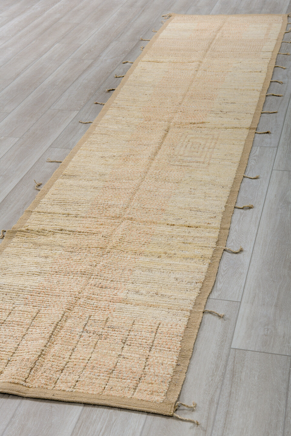 2' x 13' one-of-a-kind handmade vintage Tulu runner rug. Color palette: ivory, beige, taupe, sand, pale peach, camel