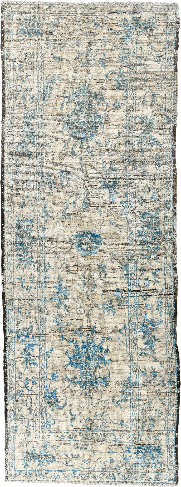 3' x 8' one-of-a-kind handmade vintage Tulu runner rug. Color palette: ivory, sky blue, charcoal, taupe, light blue, gray