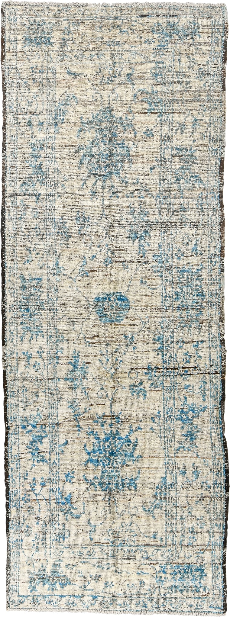 3' x 8' one-of-a-kind handmade vintage Tulu runner rug. Color palette: ivory, sky blue, charcoal, taupe, light blue, gray
