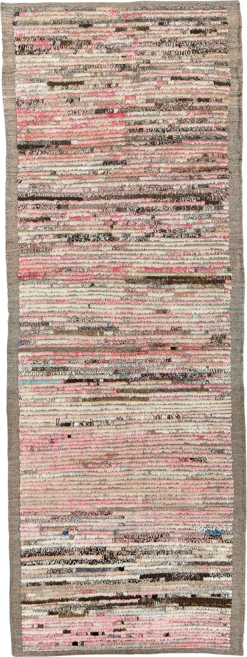 3' x 9' one-of-a-kind handmade vintage Tulu runner rug. Color palette: ivory, taupe, blush, brown, charcoal, cream, rose