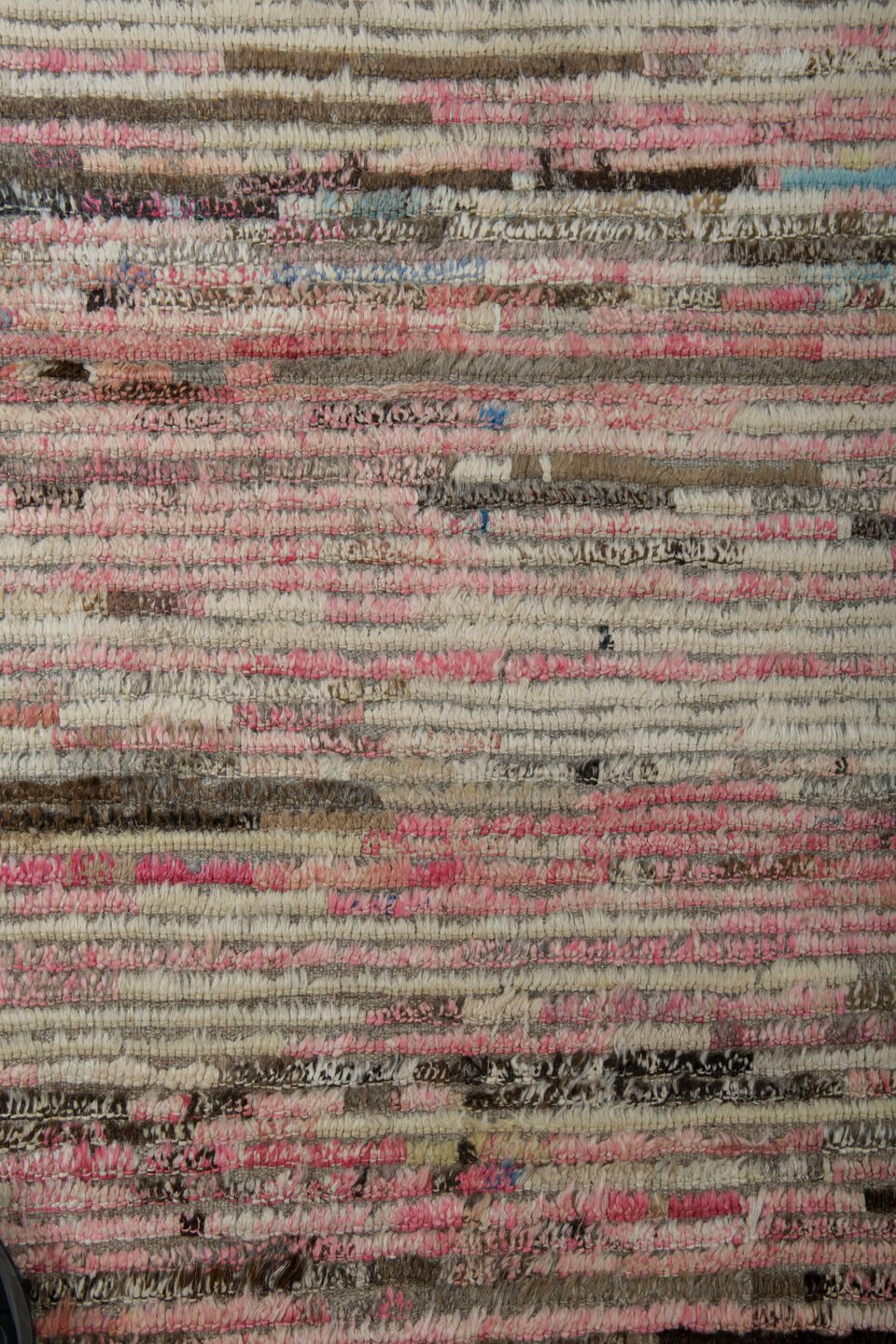3' x 9' one-of-a-kind handmade vintage Tulu runner rug. Color palette: brown, gray, light gray, off-white, pink, red