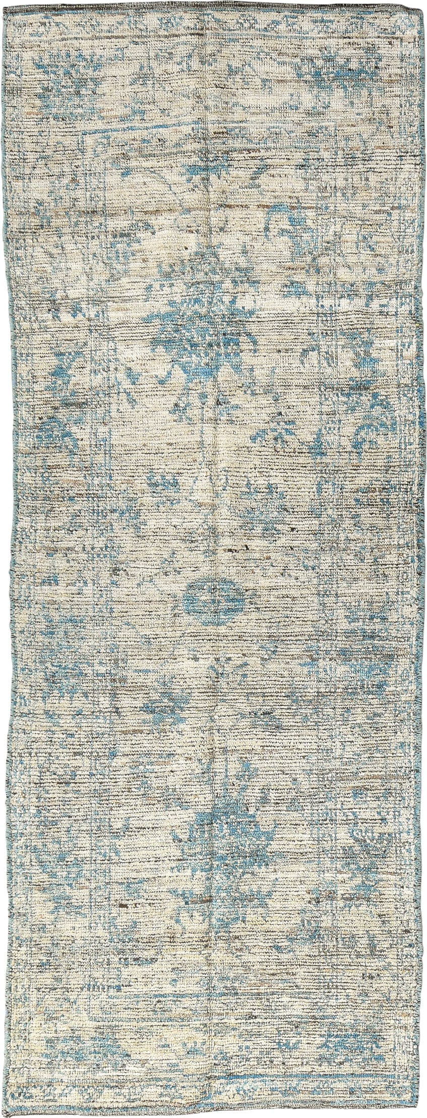 3' x 8' one-of-a-kind handmade vintage Tulu runner rug. Color palette: ivory, sky blue, beige, taupe, cream, light blue