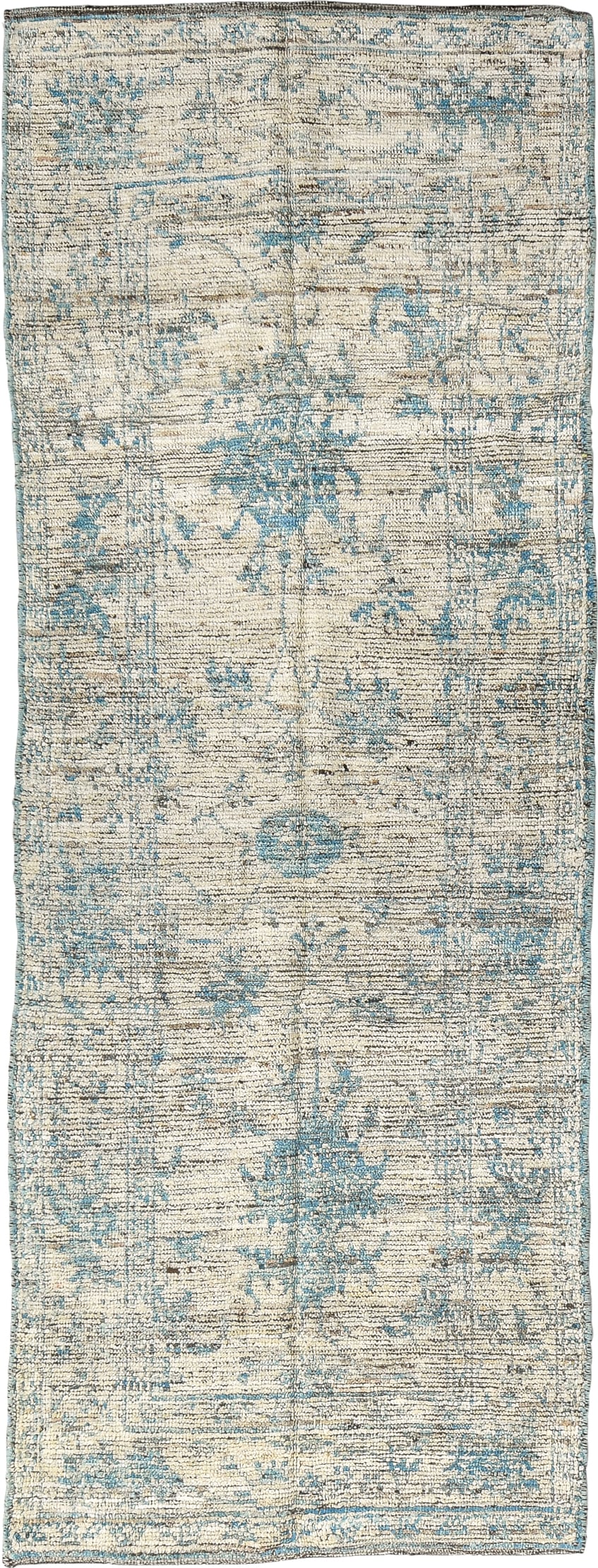 3' x 8' one-of-a-kind handmade vintage Tulu runner rug. Color palette: ivory, sky blue, beige, taupe, cream, light blue