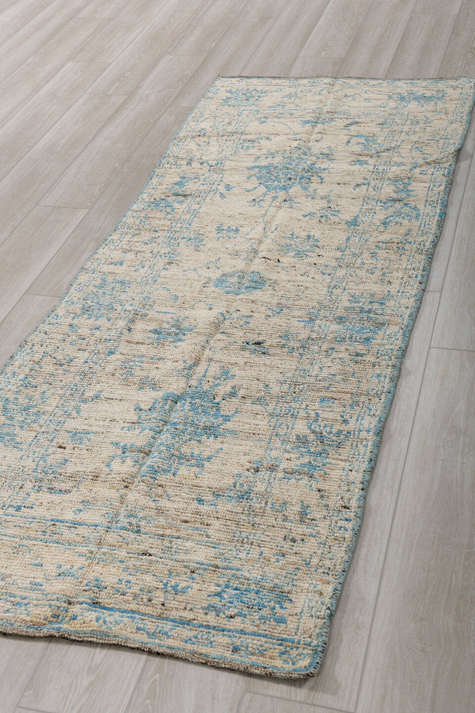 3' x 8' one-of-a-kind handmade vintage Tulu runner rug. Color palette: ivory, sky blue, beige, taupe, cream, light blue