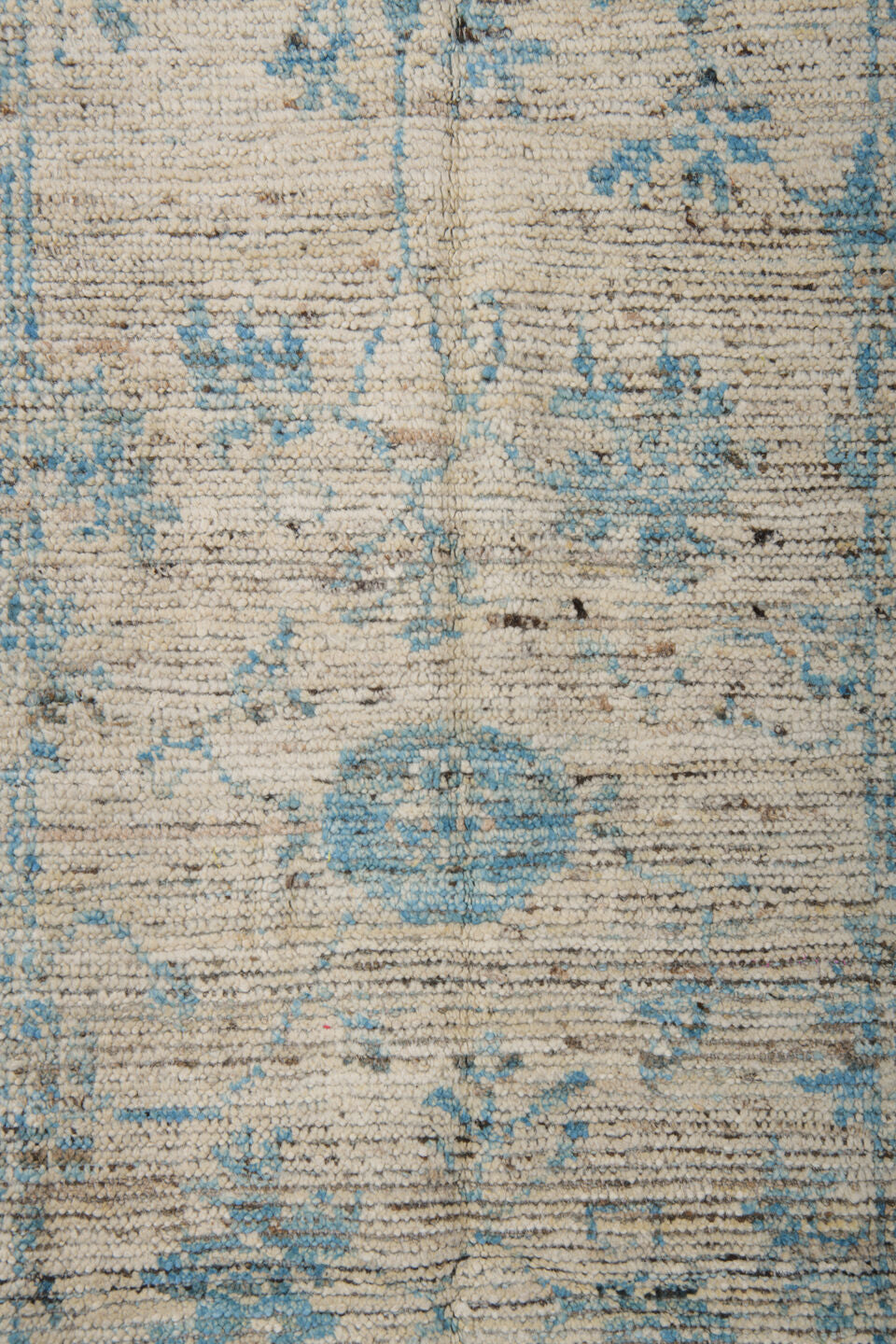 3' x 8' one-of-a-kind handmade vintage Tulu runner rug. Color palette: blue, brown, dark gray, gray, light gray, off-white