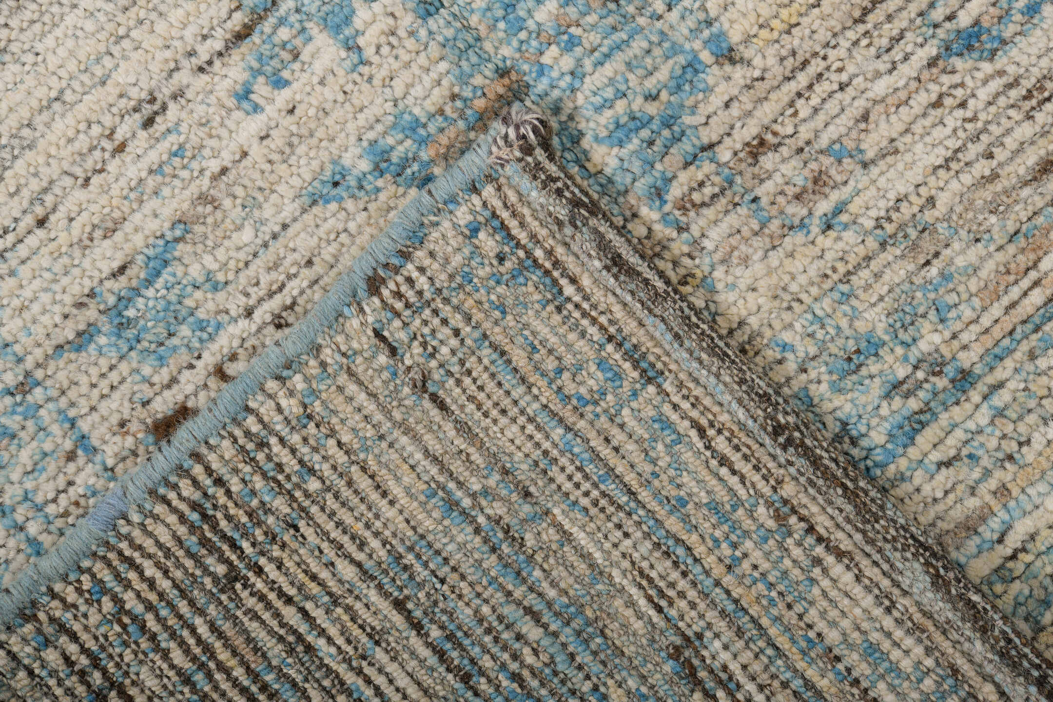 3' x 8' one-of-a-kind handmade vintage Tulu runner rug. Color palette: blue, brown, dark gray, gray, light gray, off-white