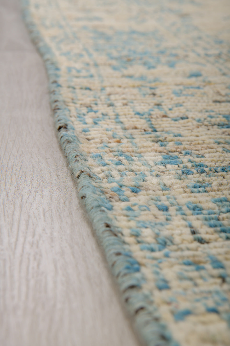 3' x 8' one-of-a-kind handmade vintage Tulu runner rug. Color palette: blue, brown, dark gray, gray, light gray, off-white