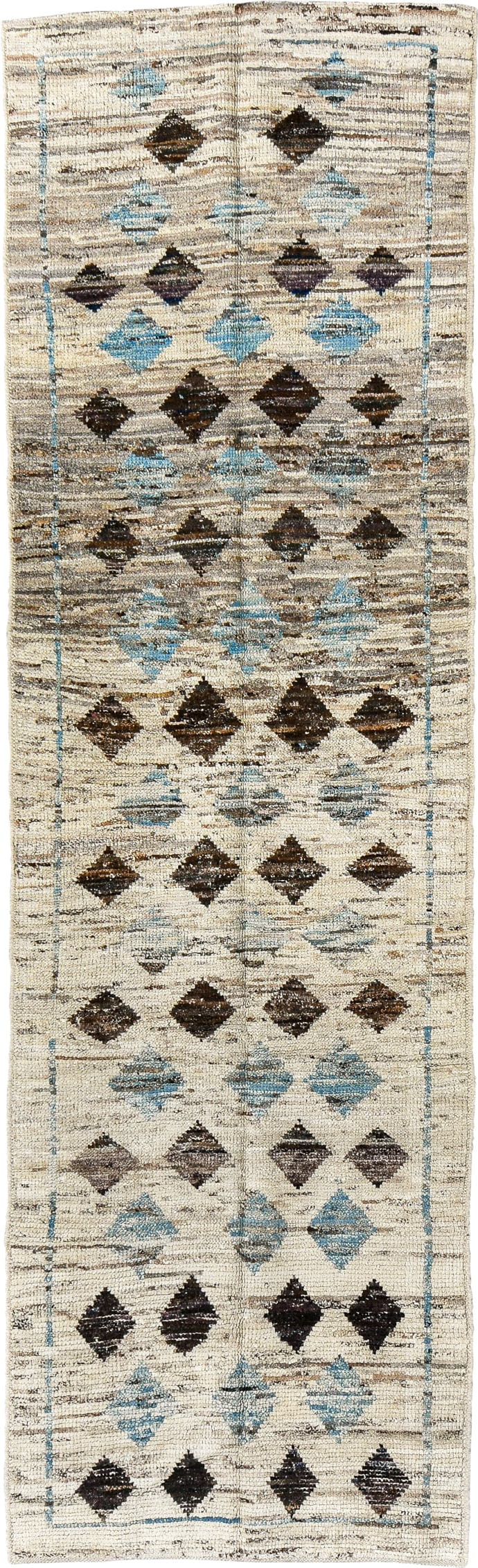 2' x 9' one-of-a-kind handmade vintage Tulu runner rug. Color palette: ivory, brown, sky_blue, taupe, charcoal, light blue