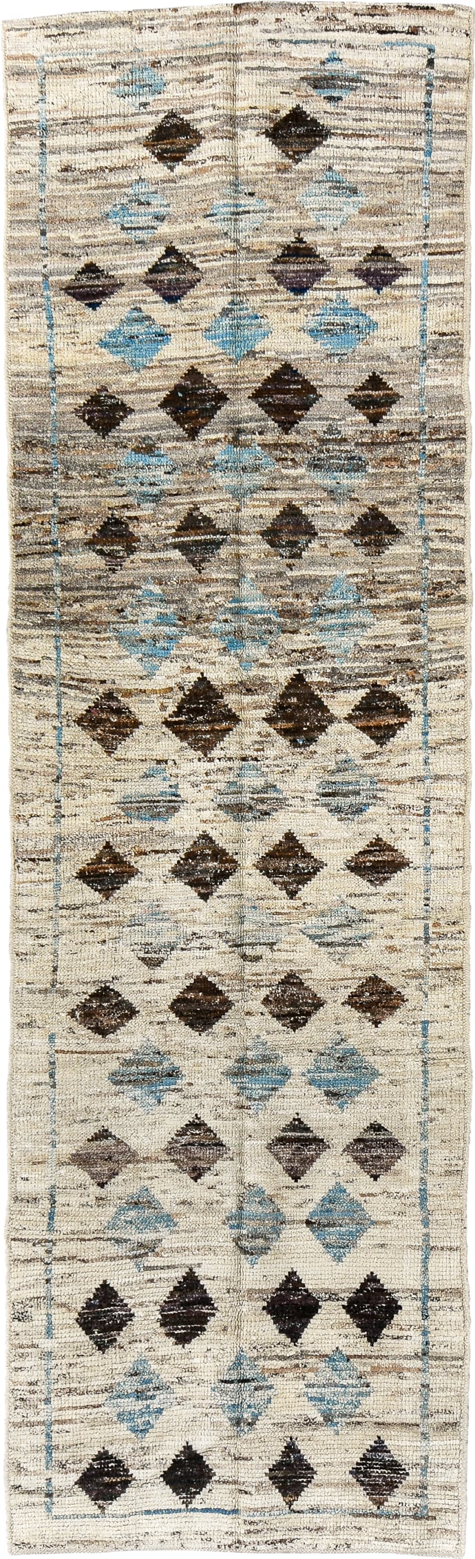 2' x 9' one-of-a-kind handmade vintage Tulu runner rug. Color palette: ivory, brown, sky_blue, taupe, charcoal, light blue