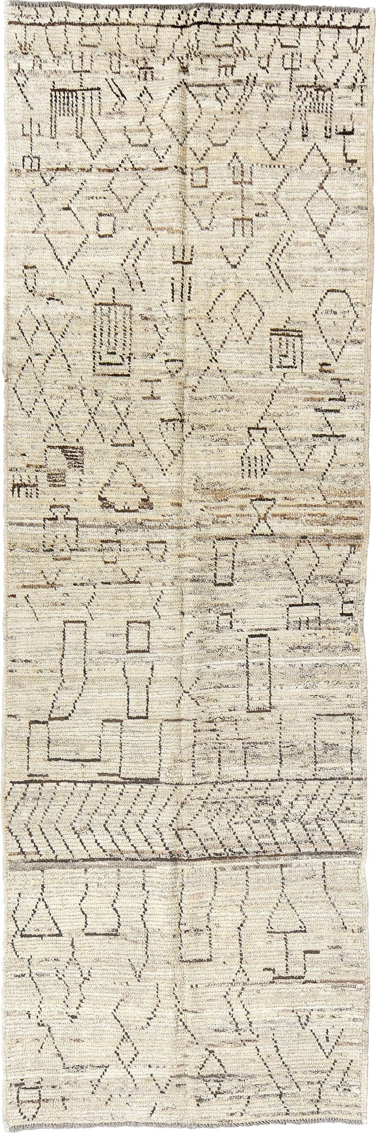 3' x 9' one-of-a-kind handmade vintage Tulu runner rug. Color palette: ivory, taupe, charcoal, beige, gray, black
