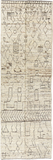 3' x 9' one-of-a-kind handmade vintage Tulu runner rug. Color palette: ivory, taupe, charcoal, beige, gray, black