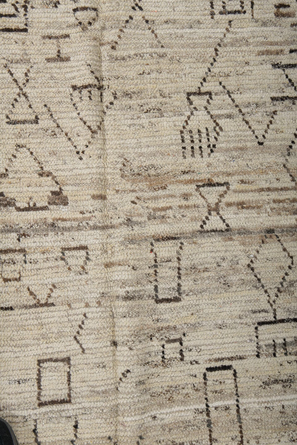 3' x 9' one-of-a-kind handmade vintage Tulu runner rug. Color palette: ivory, taupe, charcoal, beige, gray, black