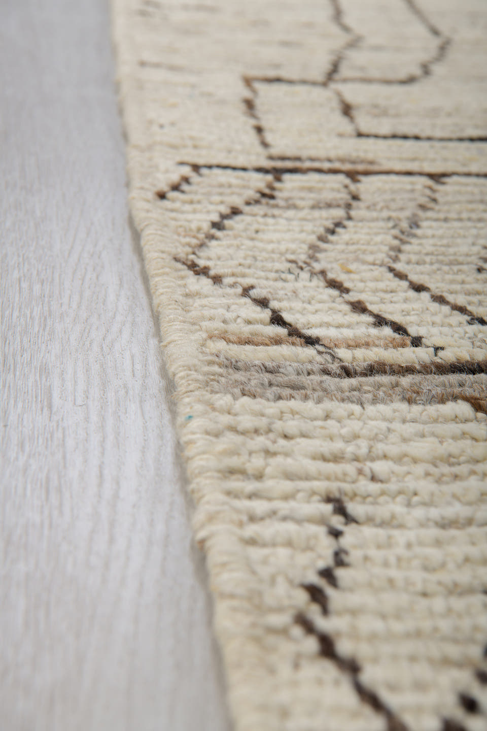 3' x 9' one-of-a-kind handmade vintage Tulu runner rug. Color palette: ivory, taupe, charcoal, beige, gray, black