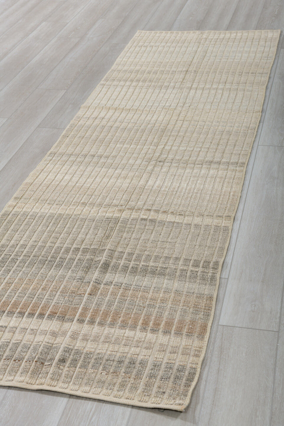 3' x 10' one-of-a-kind handmade vintage Tulu runner rug. Color palette: ivory, taupe, gray, beige, camel