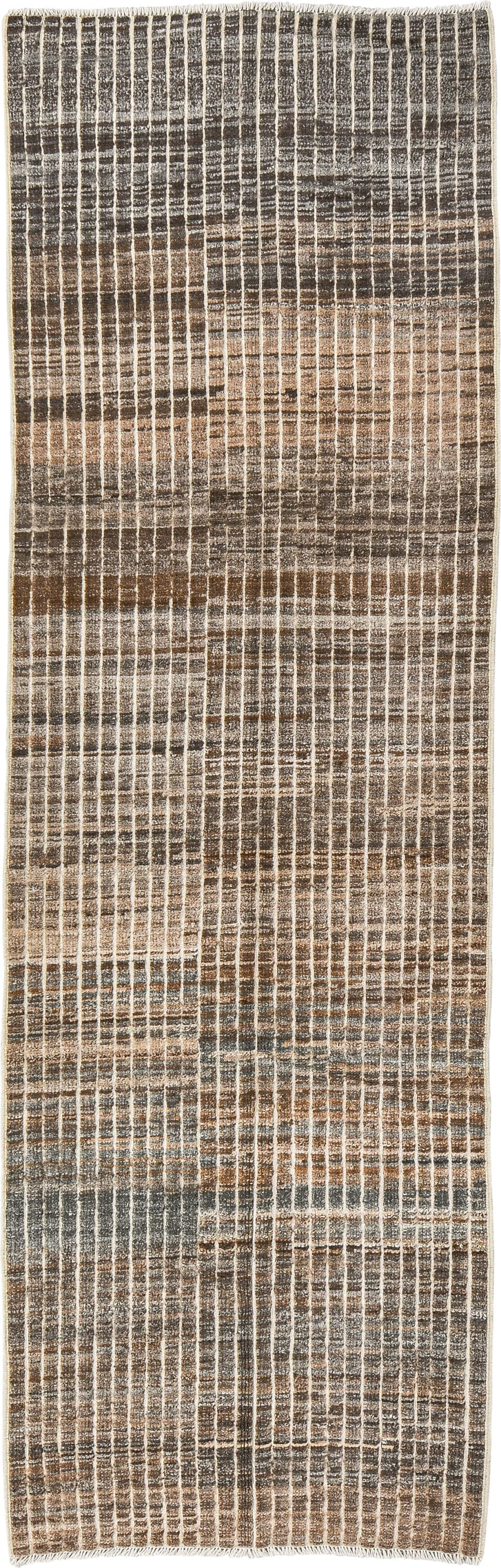 3' x 9' one-of-a-kind handmade vintage Tulu runner rug. Color palette: brown, ivory, taupe, charcoal, camel, gray, beige