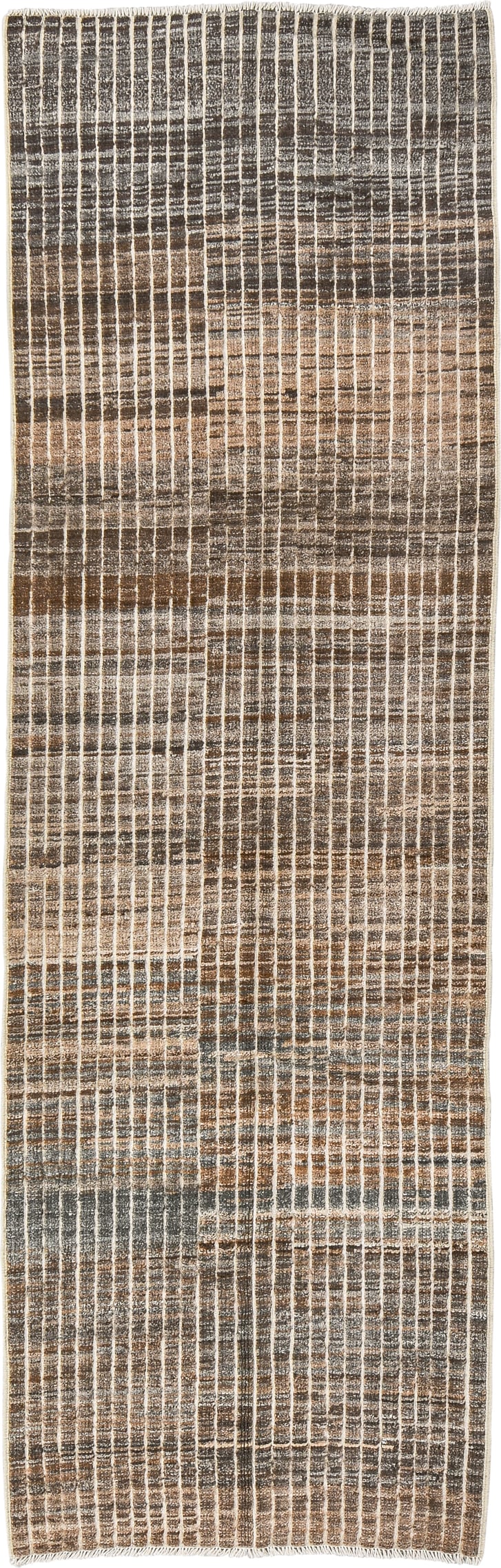 3' x 9' one-of-a-kind handmade vintage Tulu runner rug. Color palette: brown, ivory, taupe, charcoal, camel, gray, beige