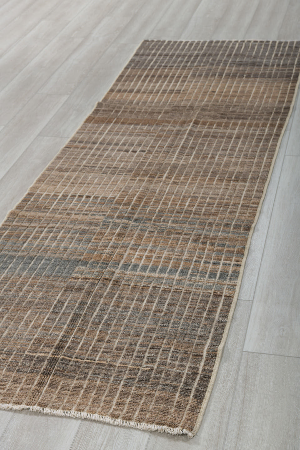 3' x 9' one-of-a-kind handmade vintage Tulu runner rug. Color palette: brown, ivory, taupe, charcoal, camel, gray, beige